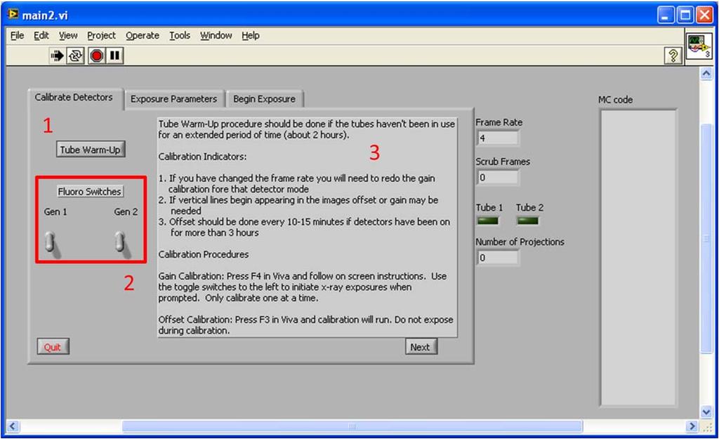 Figure 9.2: The second tab in the control software GUI. 9.2.3 Tab 3: Exposure Parameters The third tab, Error! Reference source not found., allows to the user to input the rest of the scan parameters.