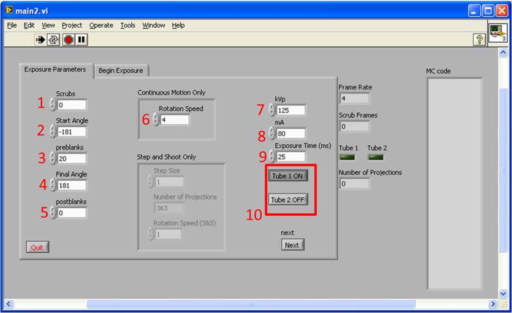 Figure 9.3: The third tab in the control software GUI. 6. The rotation speed of the stage in degrees per second. 7. The kvp of the scan.