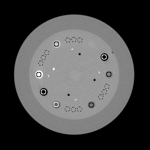 (5.9) 7 1 6 2 5 4 3 Figure 5.2: Reconstructed slice of the Catphan showing the ROIs of varying contrast. The solid circles indicate the ROI regions in Equations (5.