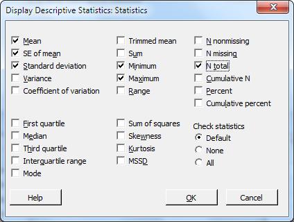 Analyzing Data 7. Check N total. 8. Click OK in each dialog box. Note Changes that you make in the Statistics sub-dialog box affect the current session only.