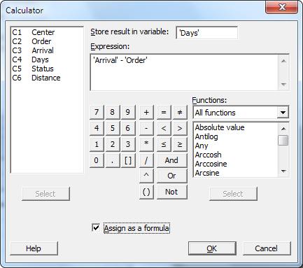 Preparing a Worksheet Assign a formula to a column Use Minitab s Calculator to perform basic arithmetic or mathematical functions. Minitab stores the results in a column or a constant.