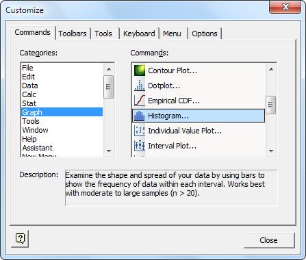 Customizing Minitab Add commands to the toolbar In the shipping data analysis, you used Graph > Histogram and Assistant > Graphical Analysis > Scatterplot (Groups).