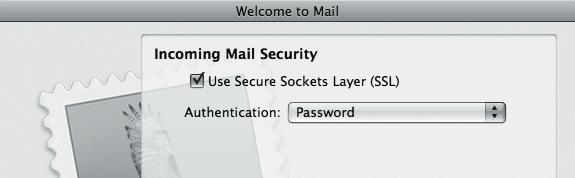 6. Uncheck Use Secure Sockets Layer (SSL). Keep Authentication at Password. Click Continue. 7. Type in the outgoing mail server information.