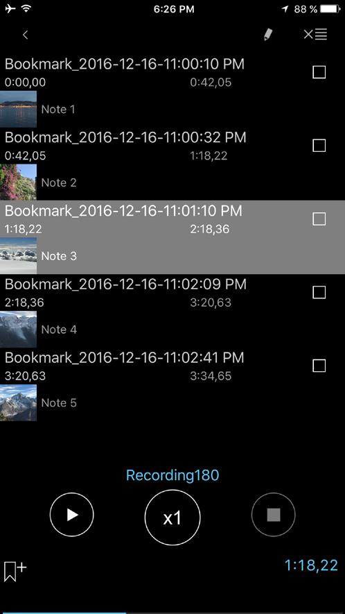 You can start playback from any bookmark or you can arrange a playback route from the bookmarks in this window.