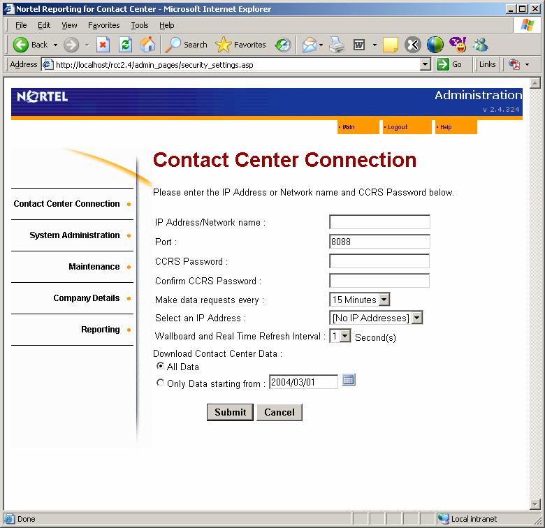 58 Administration Contact Center Connection The Contact Center Connection page allows you to specify the network identifier (IP address or Network name) of the Contact Center platform.