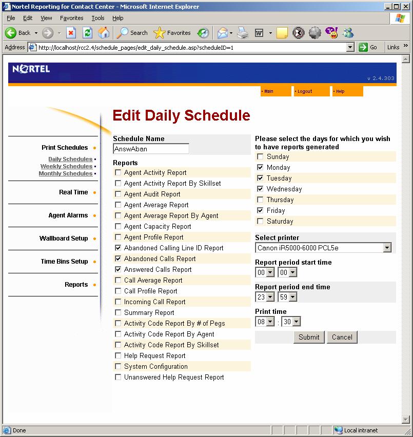 Using Reporting for Contact Center 97 Figure 77: Edit Daily Schedule page This page is set up exactly like the Add Daily Schedule page, except the fields and check boxes are populated with the