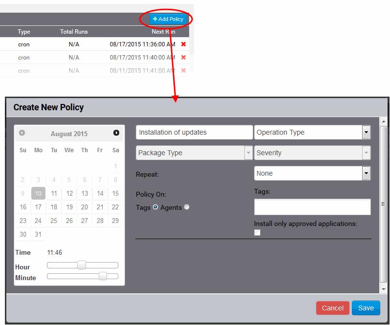 Configure the parameters as shown below: Create New Policy Dialog Table of Parameters Parameter Description Policy Name Enter a name shortly describing the operation to be executed as per the