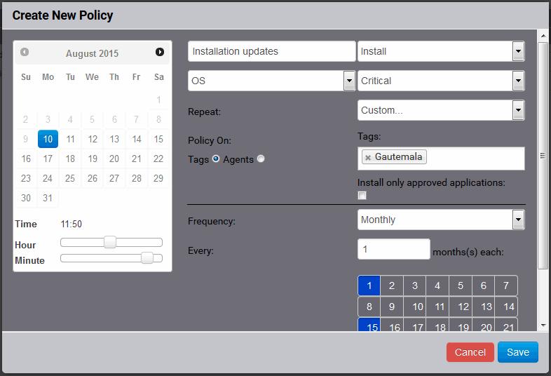 Choose the number of months to be set as the interval from the 'Every' drop-down. Select the days of the month from the month calendar displayed below 'Every' drop-down.