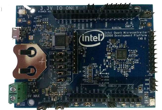 2.3 Board Photo Figure 2. Intel Quark Microcontroller D2000 Development Platform Fab D Board Photo 2.4 Board Jumpers 1.