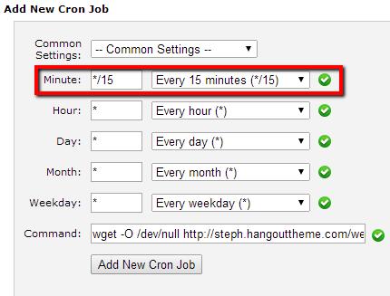 IV. Select Every 5 Minutes for Common Settings and paste the FIRST command on the command field and click on Add New Cron Job V. Do the same for the SECOND and THIRD commands.