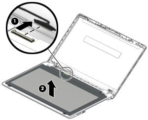 On the back of the display panel, release the adhesive strip that secures the display panel cable to the display panel, and then disconnect the cable (1). f.