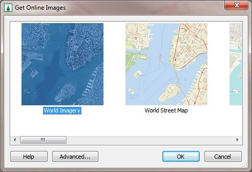 1. Select the Get Online Maps tool located near the menu bar. It will open Get online Images dialog. 2. Select World Imagery and click OK. 3. WMS will load the background image file.