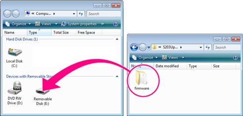 S203Update folder When copying is complete, open the firmware folder on the removable disk and confirm that it contains the file firmware.bin.