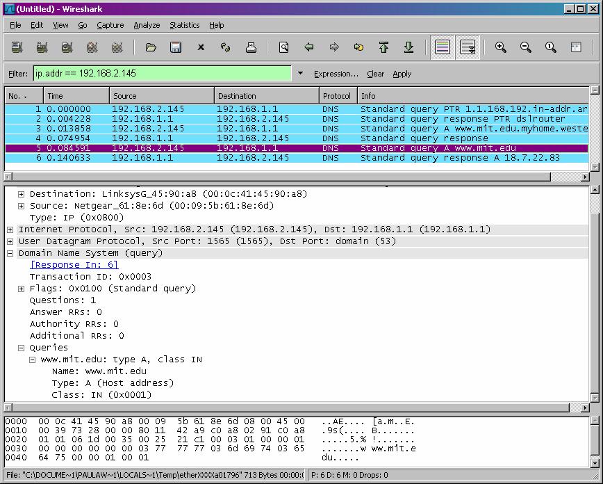 Now let s play with nslookup 2. Start packet capture. Do an nslookup on www.mit.edu Stop packet capture.