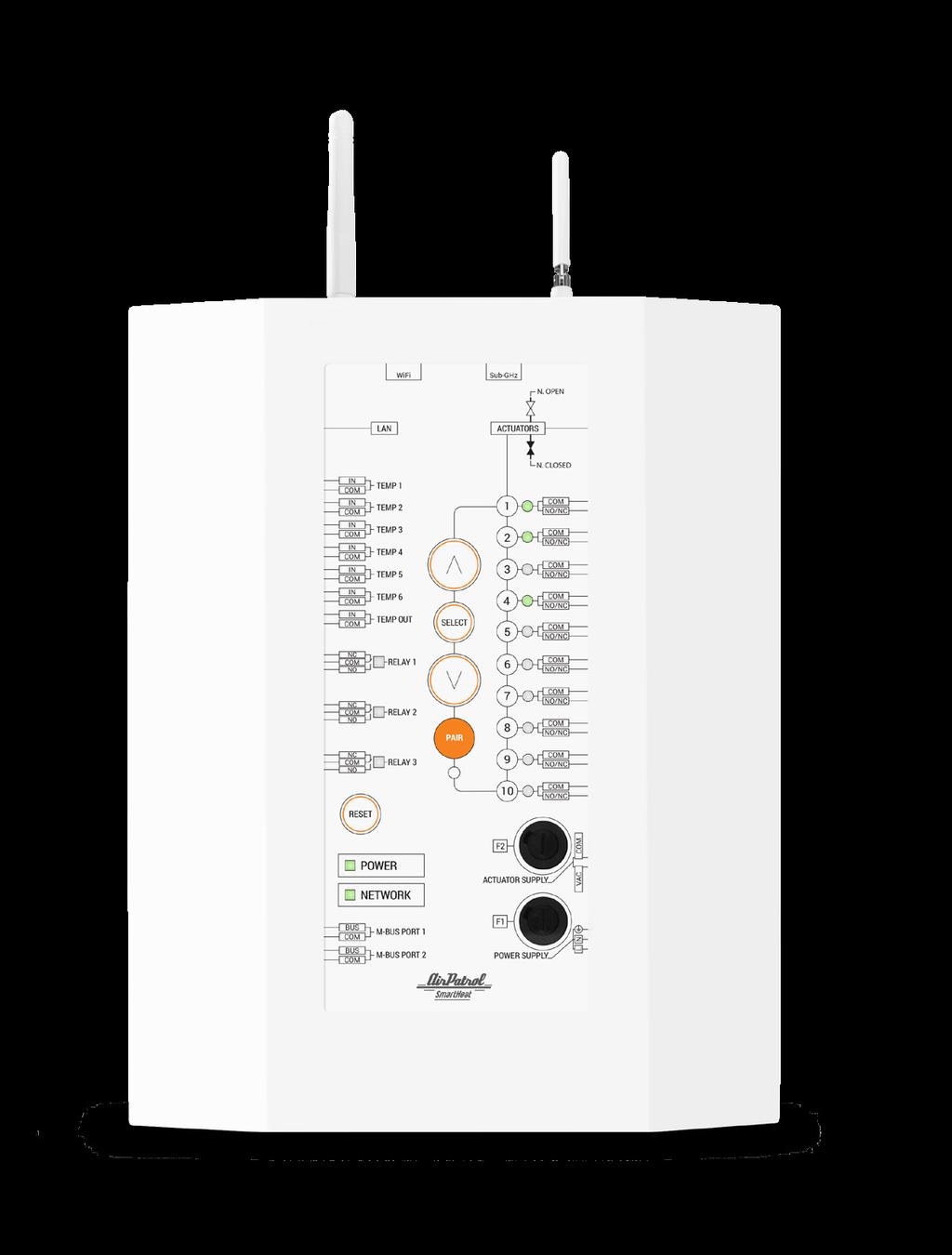 SMARTHEAT ALL-IN-ONE CONTROLUNIT Creates THE smartest heating system Wiring Center, Gateway, Relays, Temperature Sensors, M-Bus Connections ControlUnit is at the center of AirPatrol SmartHeat system.