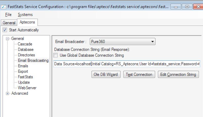 CONFIGURE THE EMAIL BROADCASTER You now need to configure Pure360 as your Email Broadcaster. This is done in the FastStats Configuration program. To do this, click the FastStats Services button.