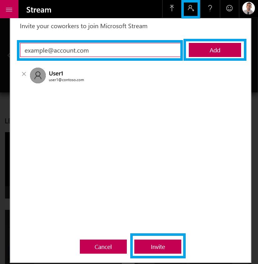 4. Select invite and Microsoft Stream will send an email invitation to those listed, but not already signed up for Microsoft Stream.