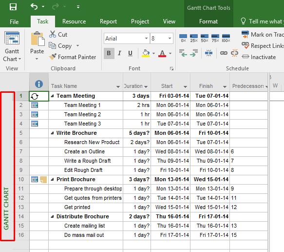 Microsoft Project 2016 Foundation - Page 11 Tasks are listed in the left side, and the Gantt chart view is displayed to the right.