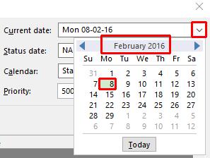 Microsoft Project 2016 Foundation - Page 23 Use the drop-down calendar in the Current date field to change the date to 8 February