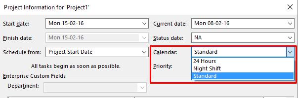 Microsoft Project 2016 Foundation - Page 24 Selecting a Project Calendar Type Microsoft Project supplies three basic calendars (Standard, Night Shift and 24 Hours) which you can use as foundations to