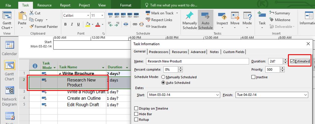The other tasks still display a question mark To specify that the changed duration is still an estimate, double click on the Research New Product task in the list.
