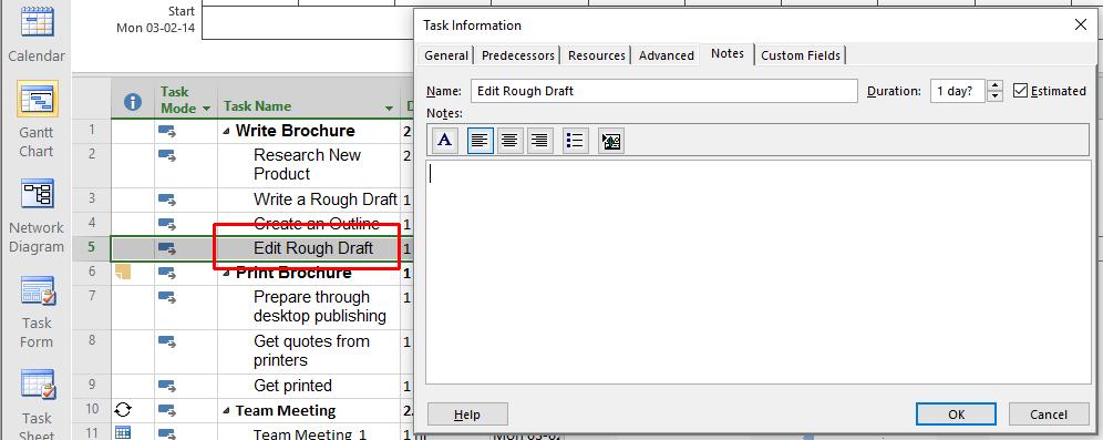 Double-click on the Edit Rough Draft task to open the Task Information dialog box. Click on the Advanced tab.