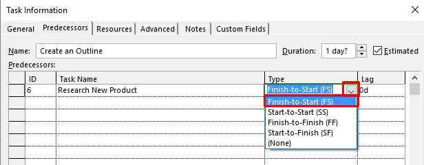 This tells Microsoft Project that you cannot start creating an outline until the research for the new product