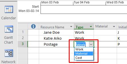 Microsoft Project 2016 Foundation - Page 65 In the cell to the right of the Postage cell, select Material from the drop-down list in the Type column.