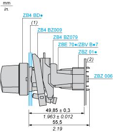 (1) Panel (2) Printed circuit board Mounting of Adapter (Socket) ZBZ 01 1 2 elongated holes for ZBZ 006 screw access 2 1 hole Ø 2.4 mm ± 0.05 / 0.09 in. ± 0.002 for centring adapter ZBZ 01 3 8 Ø 1.