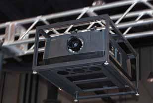 Varying adjustments are available to position the projector to the most advantageous position. Here, the PDS-PLUS is mounted to truss with PCC cheesebrough clamps and an extension pipe.