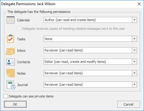 Delegate Permissions The Delegate Permissions dialog displays the permissions for one or more delegates for a mailbox: There are six default folders on which permissions for a delegate can be