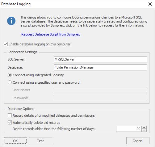 Database Logging Dialog The Database Logging Dialog is opened from the link on the main Options dialog: The Connection Settings section determines how the application connects to the Microsoft SQL