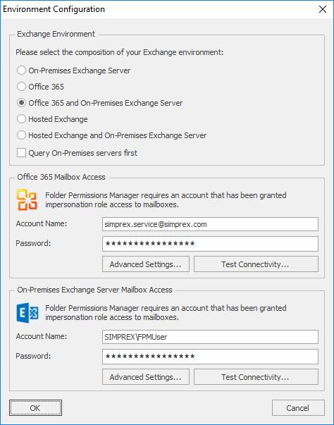 The Environment Configuration dialog is used to tell Folder Permissions Manager how your Exchange environment is configured and the impersonation accounts to use to access mailboxes.