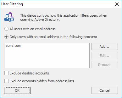 User Filtering Dialog The User Filtering dialog is opened by clicking the User Filtering button on the Configuration page in the backstage of the main application window: This dialog configures how