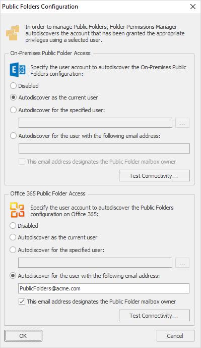 In order to manage Public Folders, Folder Permissions Manager must Autodiscover the Exchange Web Services (EWS) URL for the Public Folders. This dialog configures how that process is performed.