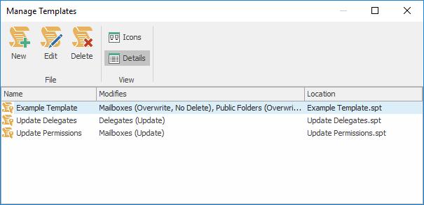 Manage Templates Dialog The Manage Templates dialog is opened by clicking the Manage Templates button in the Templates group in the Home ribbon in the main application window: The main part of the