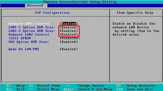 6. Go back one level, select Advanced, select PnP Configuration, and then ensure that LAN1-1 Option ROM Scan, LAN1-2