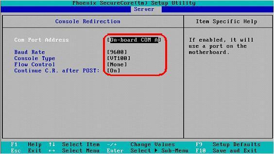 Go back one level, select Server, select Console Redirection, and then ensure the following: Com Port Address is set