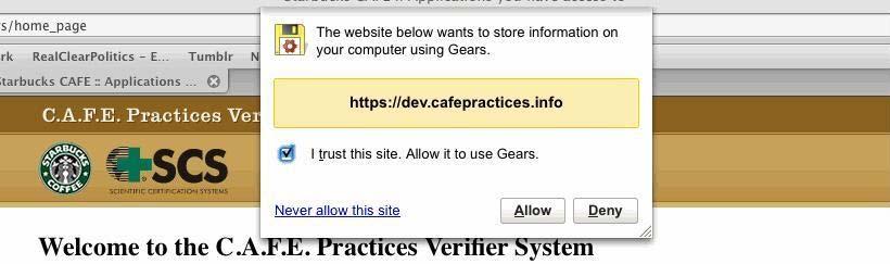 The browser should ask if you trust the site and want to let it use Google Gears (see Screen 3). Click Allow.