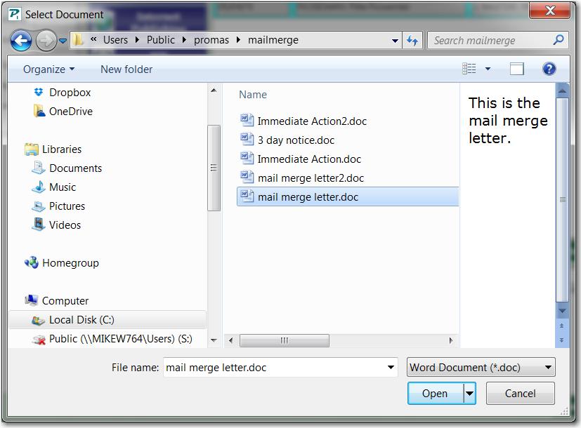 5. An Open Word Document screen will display. 6. Choose the letter you created in Word in step 2 by highlighting and clicking <Open>. 7. Click <Execute Mail Merge>.