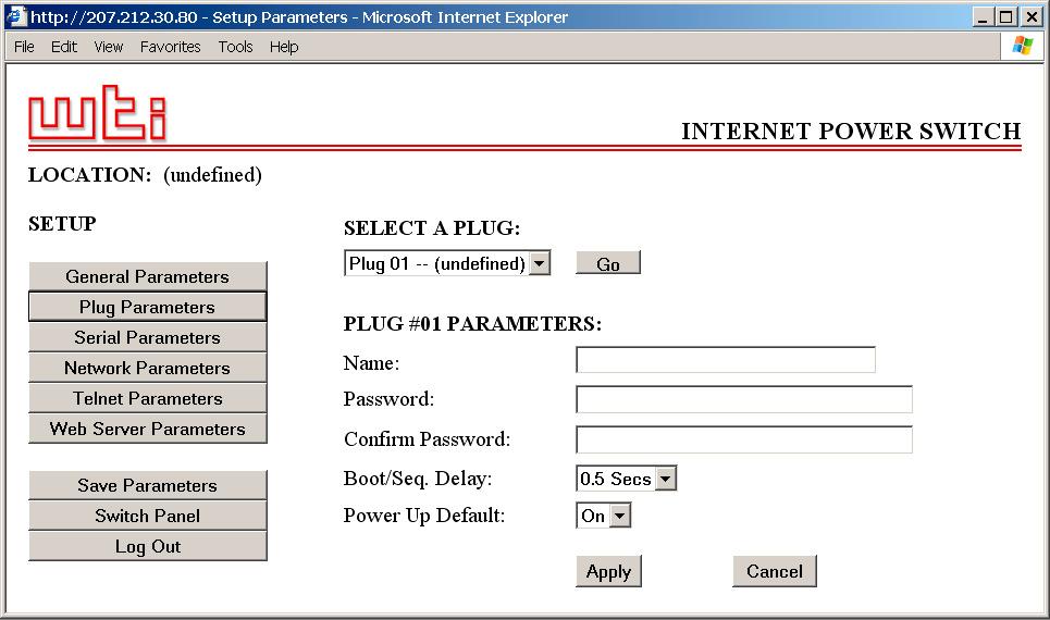 Confi guration Figure 5.7: Plug Parameters Menu - Web Browser Interface PLUG #1 PARAMETERS: 1. Plug Name: (undefined) 2. Password: (undefined) 3. Boot/Seq. Delay: 0.5 Secs 4.