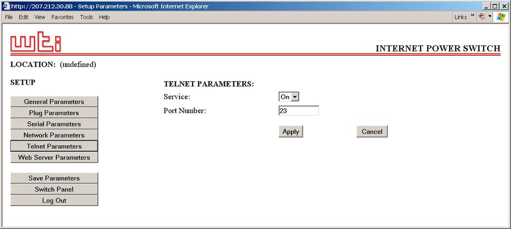 IPS-800/1600-D20 Series - User s Guide Figure 5.12: Telnet Parameters Menu - Web Browser Interface TELNET PARAMETERS: 1. Service: On 2. Telnet Port #: 23 Enter Selection, Press <ESC> to Exit.