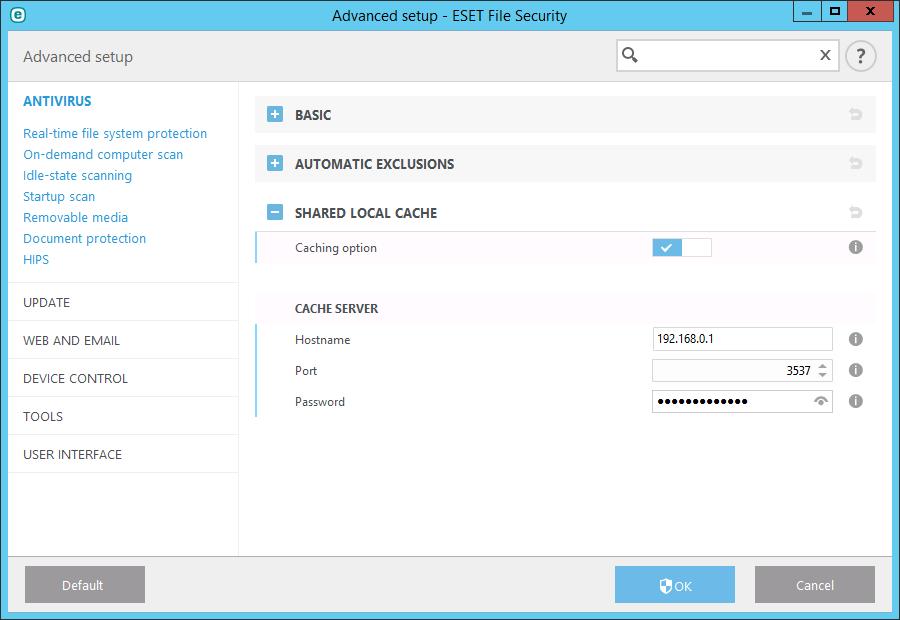 Configuration on ESET File Security Open the main menu program window, press F5 to open Advanced setup, and navigate to the Antivirus > Shared local cache tab.