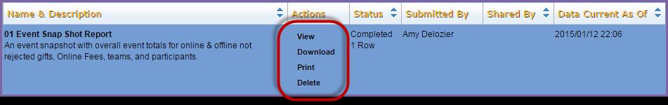4. Click on the appropriate related actions from the actions column to View, Download, Print, or Delete the data.