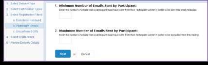 b. Participant Emails: Filter the recipients based on the number of emails they have sent from their