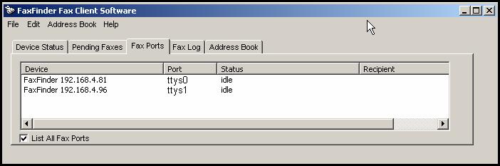 Chapter 2: FaxFinder Client Software Configuration FaxFinder Fax Client Software Menu Command Definitions (cont d) Field Name Values Description Fax Ports tab Device (column) alphanumeric Shows