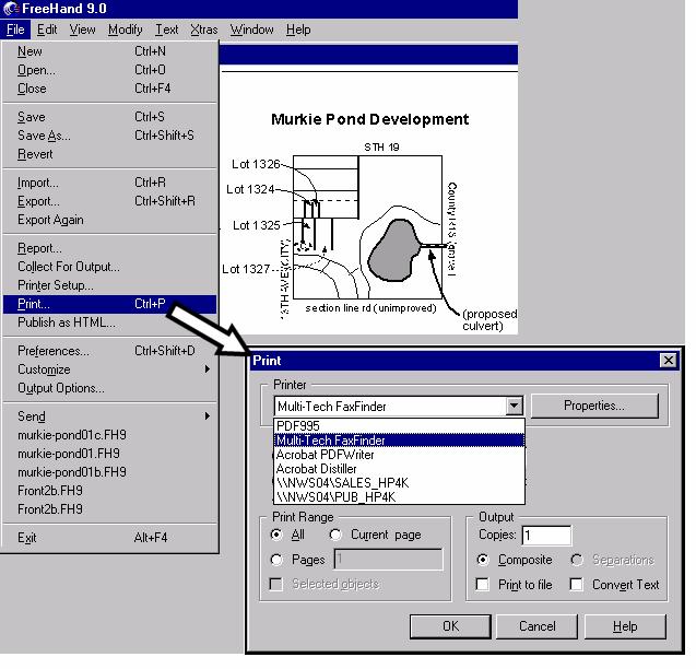 5. At the application program (for example, a word processing program or drawing program), print to the FaxFinder. Setting the destination of the printing job varies from program to program.