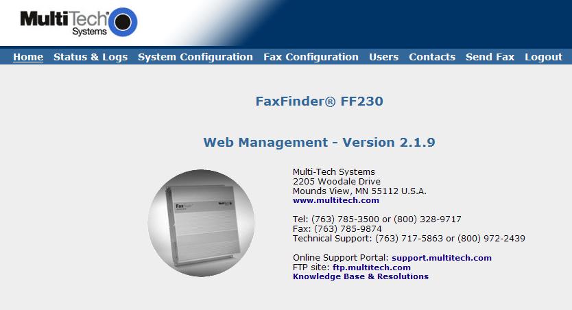 Chapter 3: FaxFinder Web Management Interface Home The FaxFinder Home screen displays the model name,