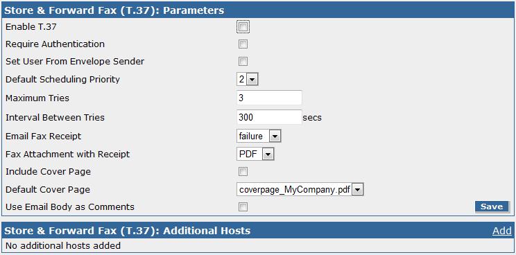Chapter 3: FaxFinder Web Management Interface Adding a Cover Page For details on creating cover pages, refer to Appendix C Creating Cover Pages. 1. Click Add. 2. Browse to a cover page PDF file. 3. Click Add. Store & Forward Fax (T.