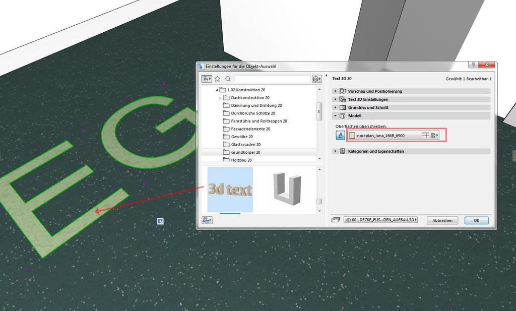 Confirm the following dialogue window. The surface material is also available for other components in ArchiCAD.